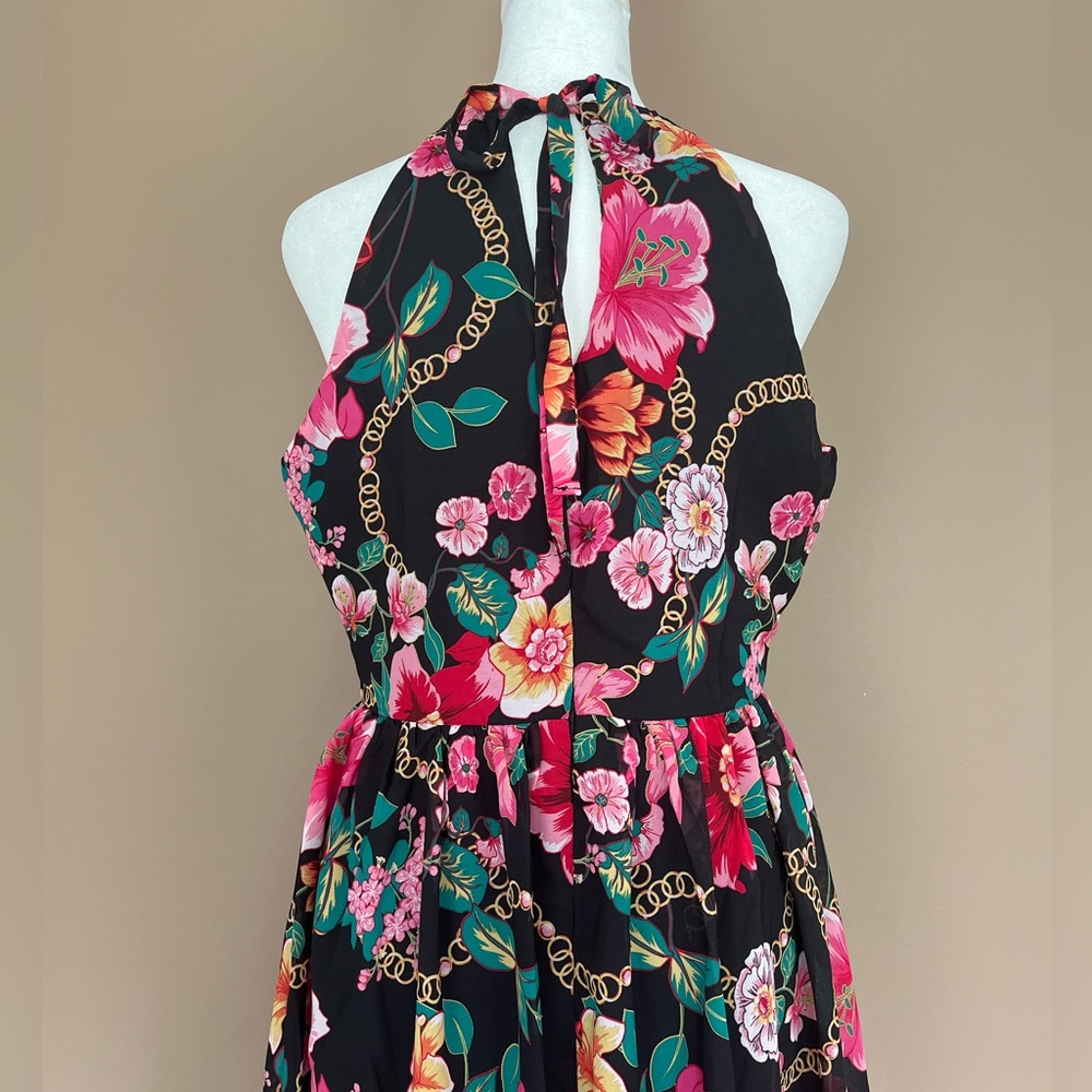 {Nicole Miller} Floral & Chain Maxi Dress Sleeveless in Black - Women's 6 - Picture 7 of 11